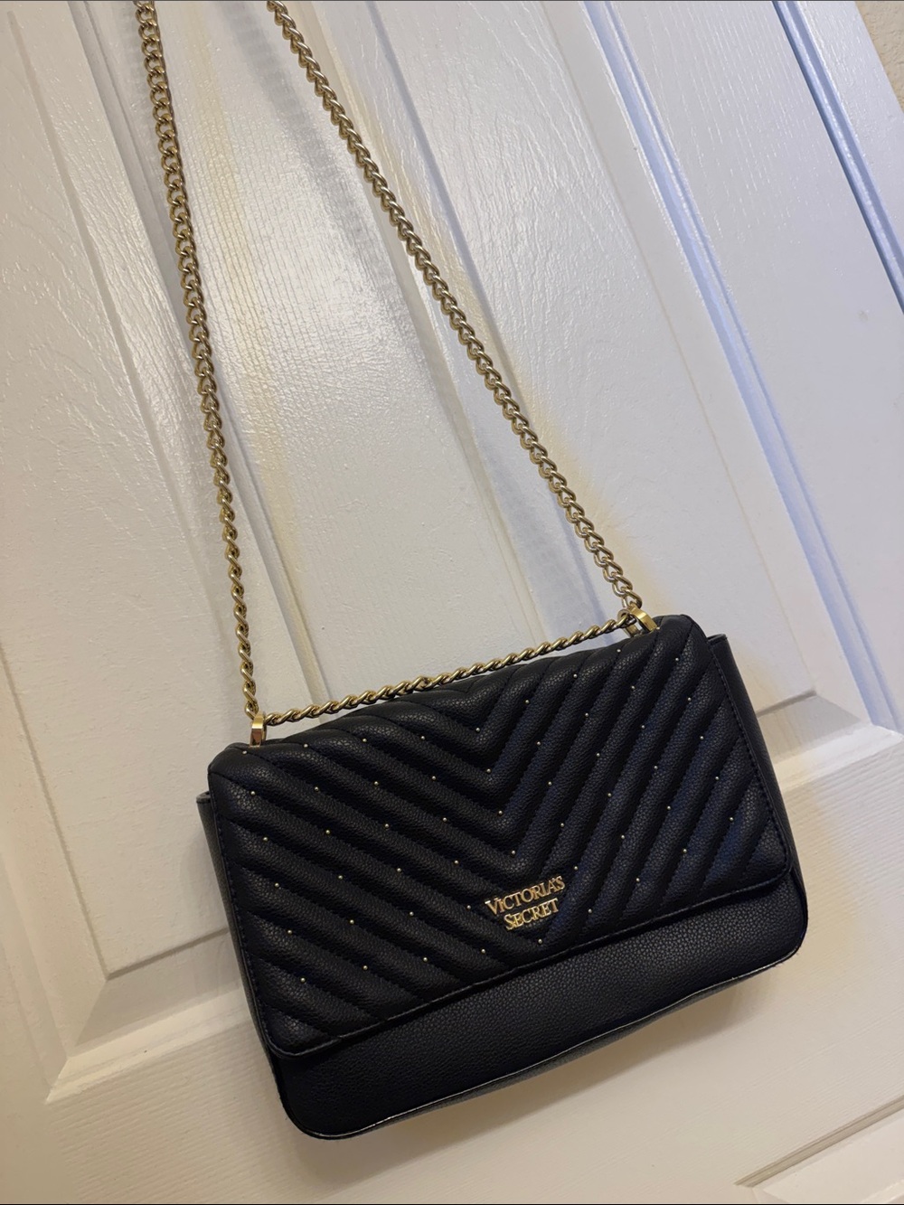 Victoria's Secret Black Quilted Crossbody with Gold Chain